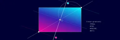 A rectangle with a hotpink, dark blue and turquoise gradient. There are multiple solid and dashed lines set to help understand the angle that this gradient is at.
