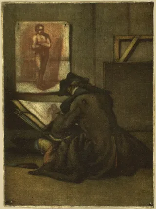A young artist sits on the floor sketching from a study of a nude figure pinned to the wall. The artist wears a dark coat and hat, hunched over a large sketchpad. The setting is a dimly lit, simple studio space with a rough texture to the walls.