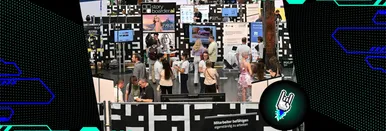 Blick auf die Halle des Future Tech Fest 2024. Viele Stände im schwarz-weißen Design des Events, dazwischen ist das Publikum zu sehen, das sich unterhält.