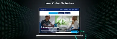 Screenshot der Gründungsberatung-Website der Bochum-Wirtschaftsentwicklung. Darauf ist der Button für weitere Informationen inklusive Absprung zum KI-Bot verlinkt.