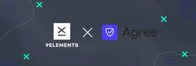 Logo-Darstellung von 9elements und Agree mit einem „x“ dazwischen, das eine Partnerschaft symbolisiert. Visualisierung im Rahmen des Blogbeitrags über die Beteiligung von 9elements an der Seed-Runde von Agree.com.