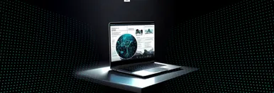 Laptop mit geöffneter Benutzeroberfläche vor dunklem, futuristischem Hintergrund mit leuchtenden Punkten; symbolisiert digitale Technologien im Kontext von Barrierefreiheit.